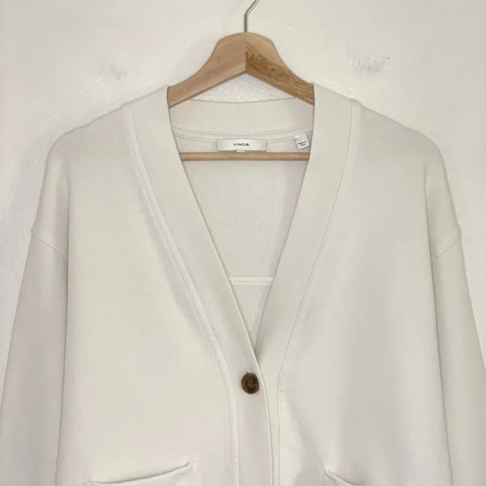 Vince French Terry Oversized Cardigan V Neck Button Front Sweater Bone XXS